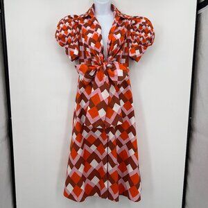 Silvia Tcherassi Roopal Geometric Rouge Puff Sleeve Midi Designer Dress Size S